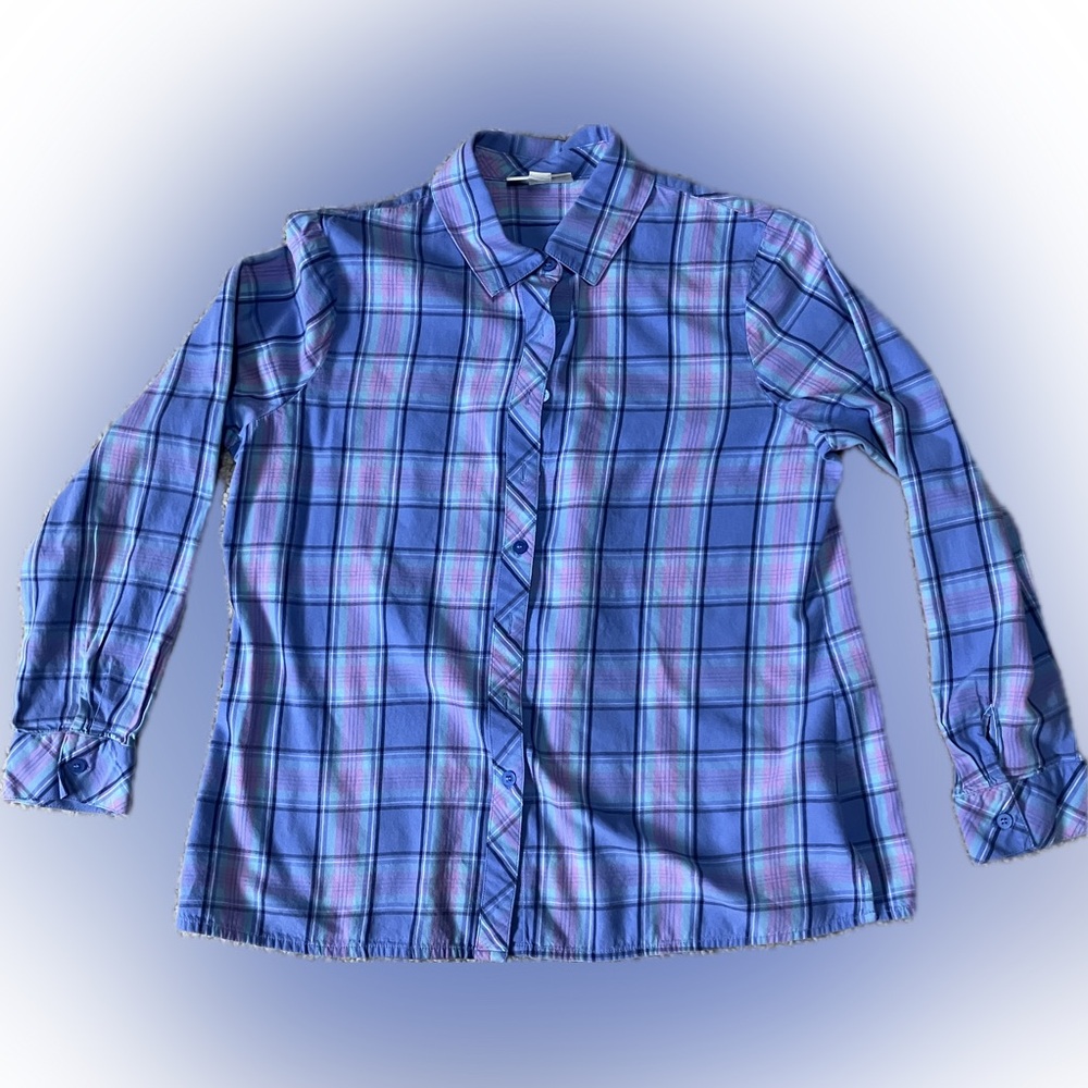 Appleseed's Blue and Purple Plaid Button Down Women’s Shirt Size M